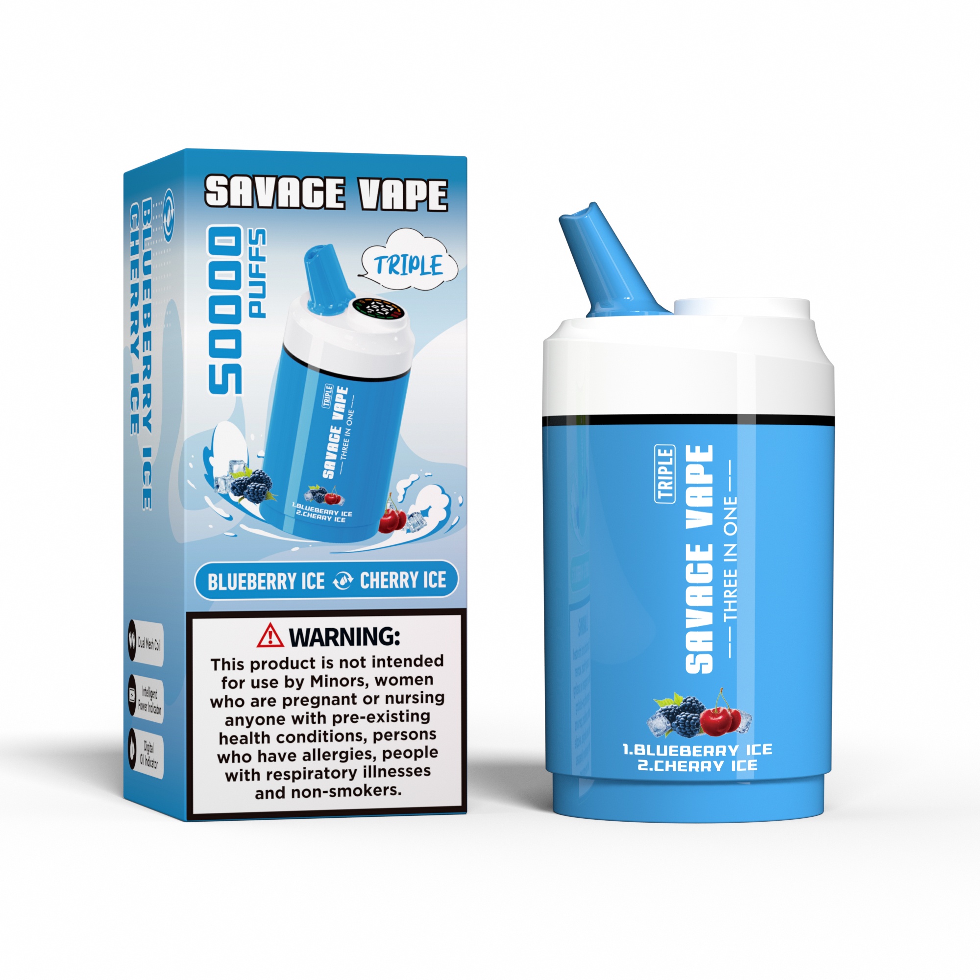 Savage Vape Triple 50000 Puffs 50k tres en uno 3 en 1 Vape desechable Doble Sabor-Blueberry Ice & Cherry Ice