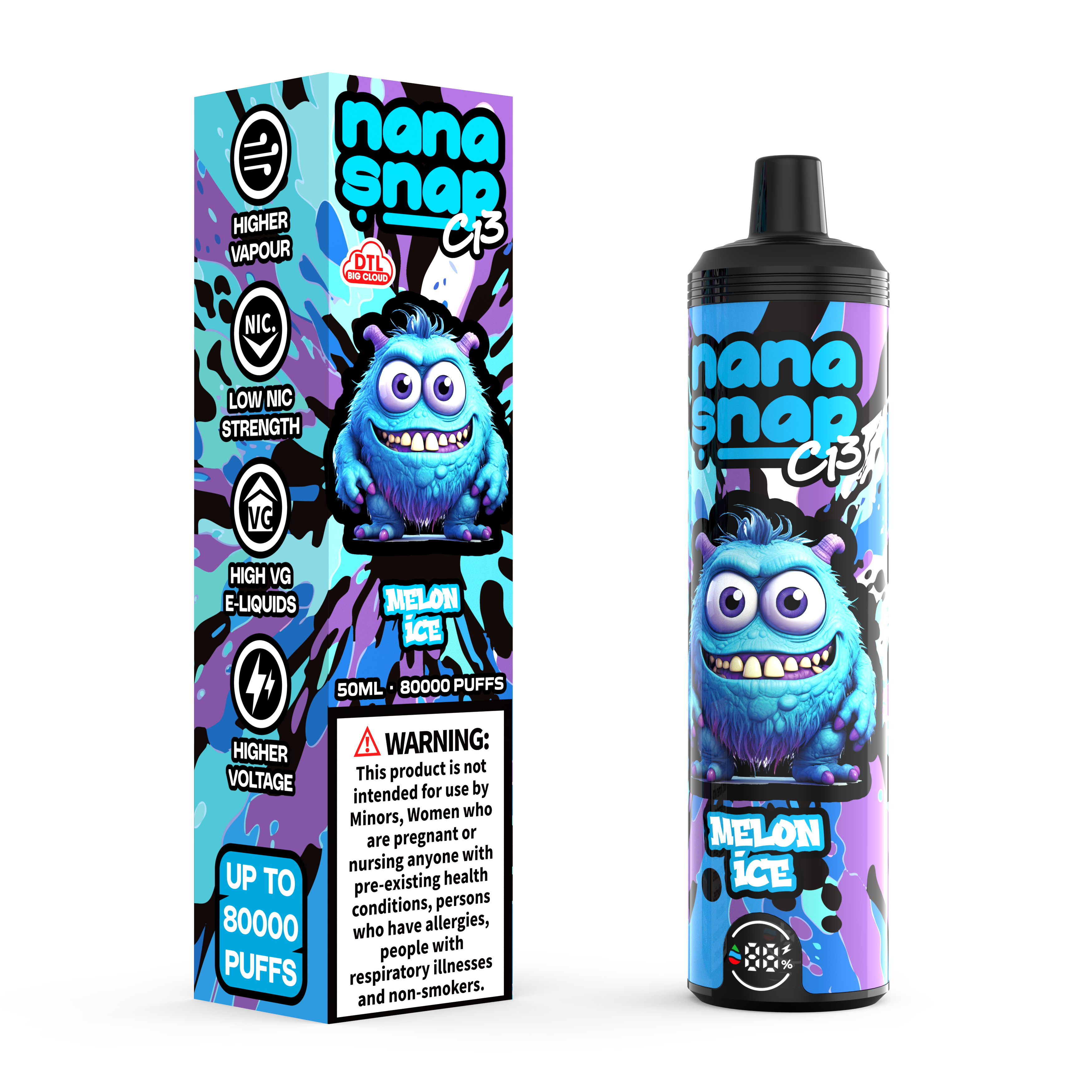 Nanasnap de alta calidad C13 80000 Puff 60000 50000 E POLLO DE CIROTA DE CIROTA HOGKAH DTL VAPER 50ml E-Liquid Dual Mesh Coil Eu Warehouse Vape desechable Vapor 80K 60K 50K-Melon-Melon