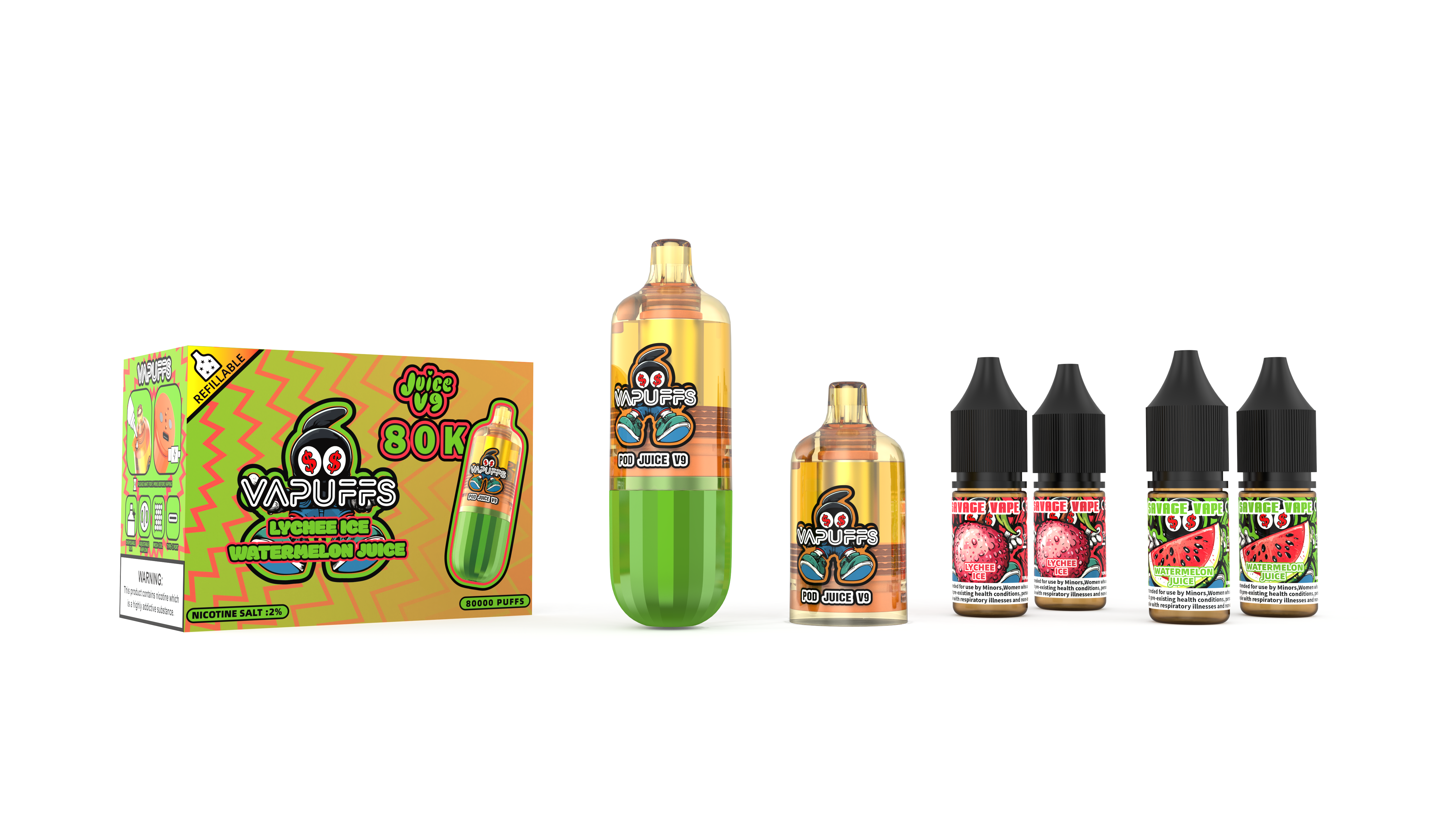 2025 Nuevo diseño EU Warehouse Vapuffs Juicy V9 80k Puffs Kits recargables desechables Pods +4 E-liuqid Vape-Lychee Ice / Sandía de alta calidad