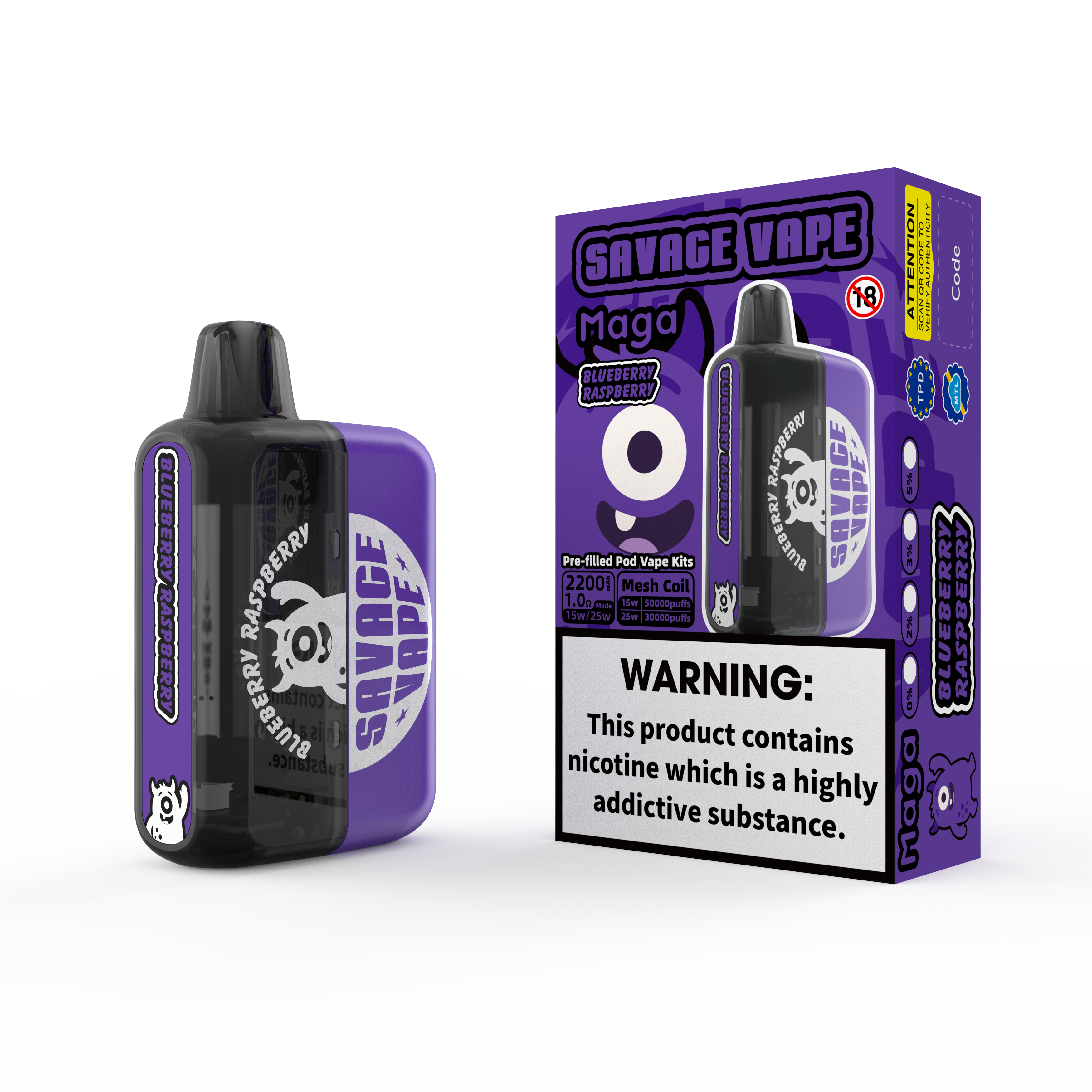 2025 Nuevo diseño UE Warehouse Savage Maga 50000 Puff Puff Kits reemplazables reemplazables Vape Vape 50k Blueberry Raspberry