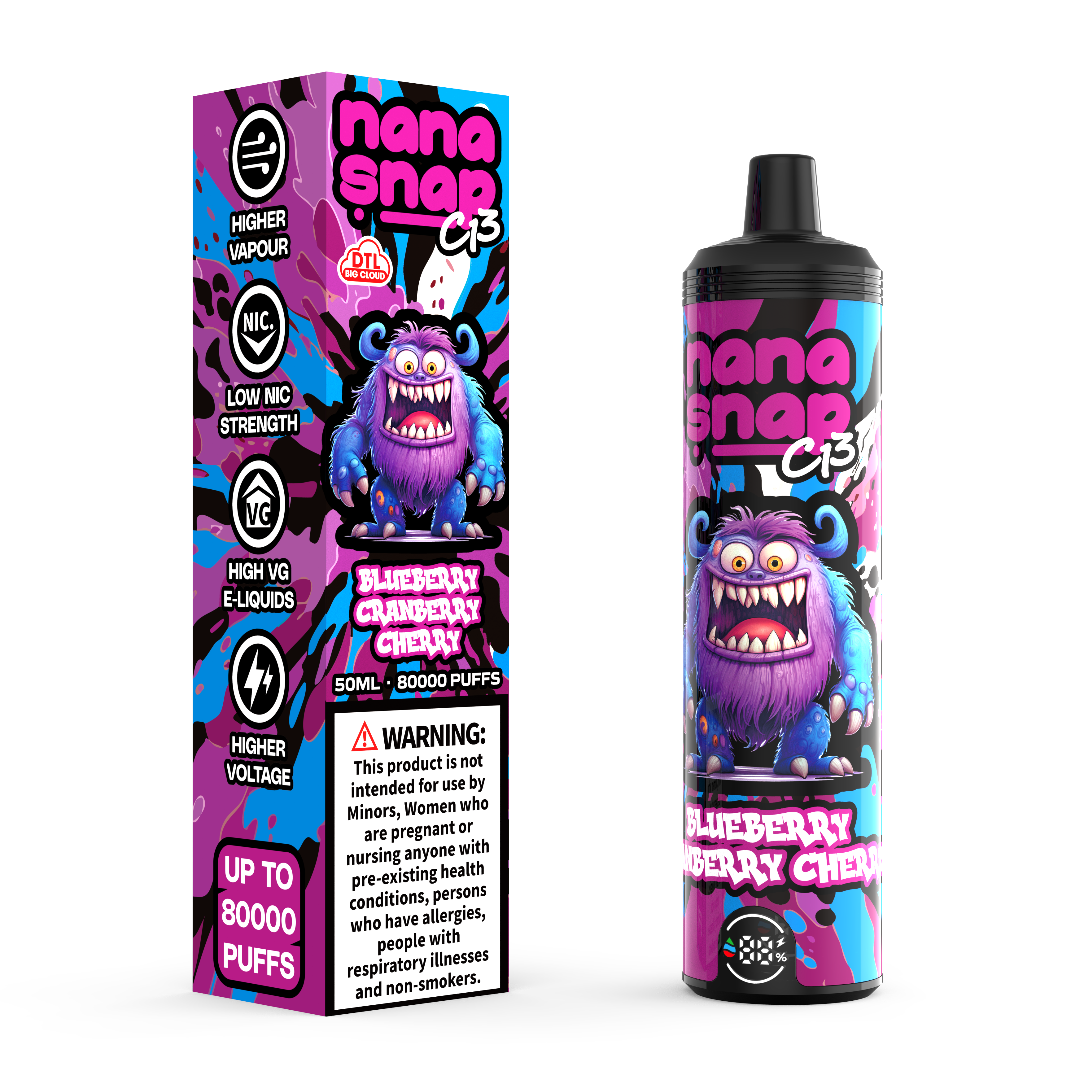 Nanasnap de alta calidad C13 80000 Puff 60000 50000 E POLLO DE POLO DE CIROTA COMBILLO HOCHAH DTL VAPER 50ml E-Liquid Dual Mesh Coil Eu Warehouse Vape desechable Vapor 80K 60K 50K Blueberry Cranberry Cherry