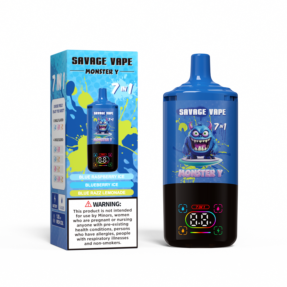 Venta superior Savage Monster Y 80000 Puff 65000 50000 E Cigarrillo 7 en 1 Dual Mesh Coil Display Smart 30+30+30ml EU Warehouse Vape desechable Vapor 80K 65K 50K Azule Baspberry Ice & Blueberry Ice