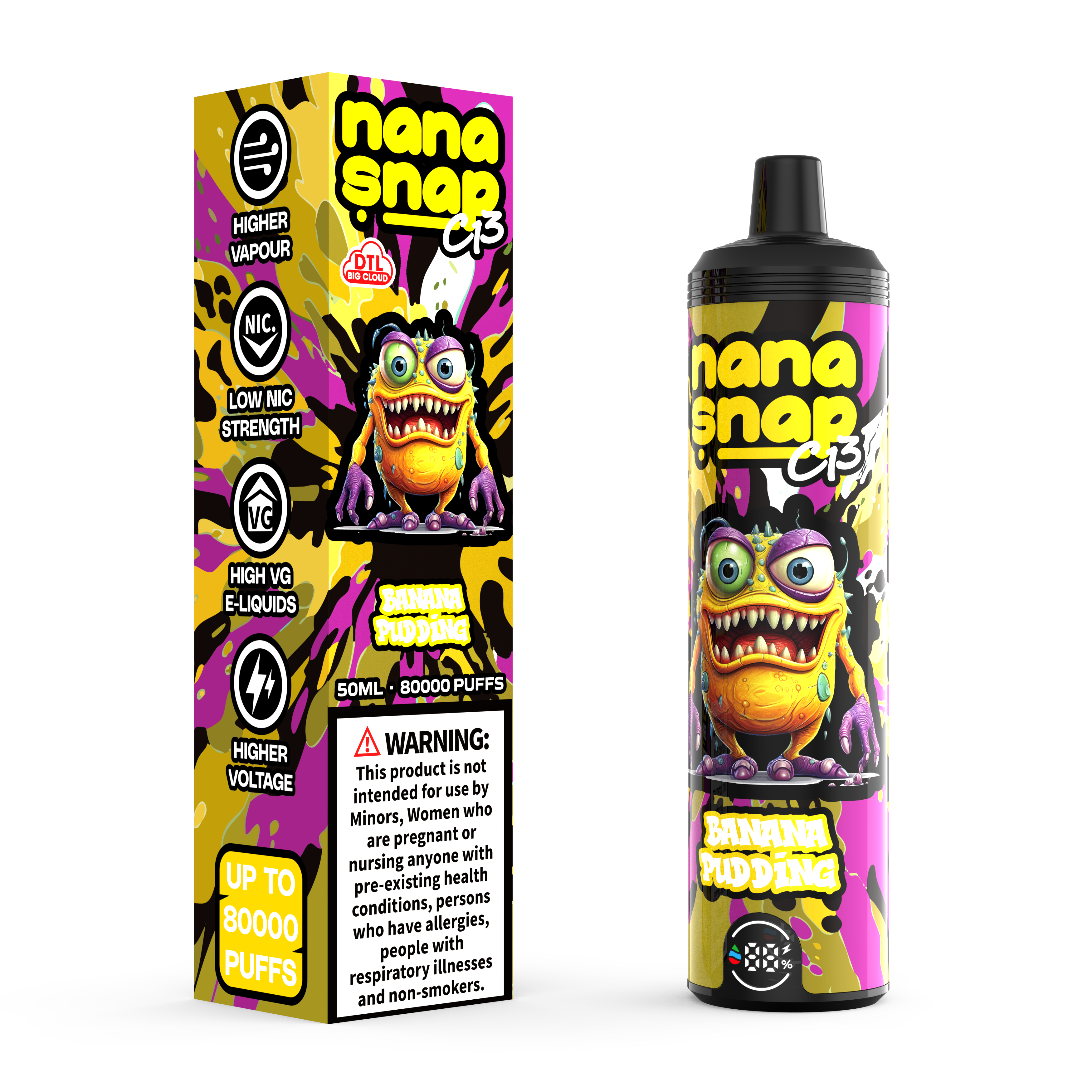 Nanasnap de alta calidad C13 80000 Puff 60000 50000 E POLLO DE CIROTA DE CIROTA HOGKAH DTL VAPER 50ml E-Liquid Dual Mesh Coil Eu Warehouse Vape desechable Vapor 80K 60K 50K-Banana Pudding