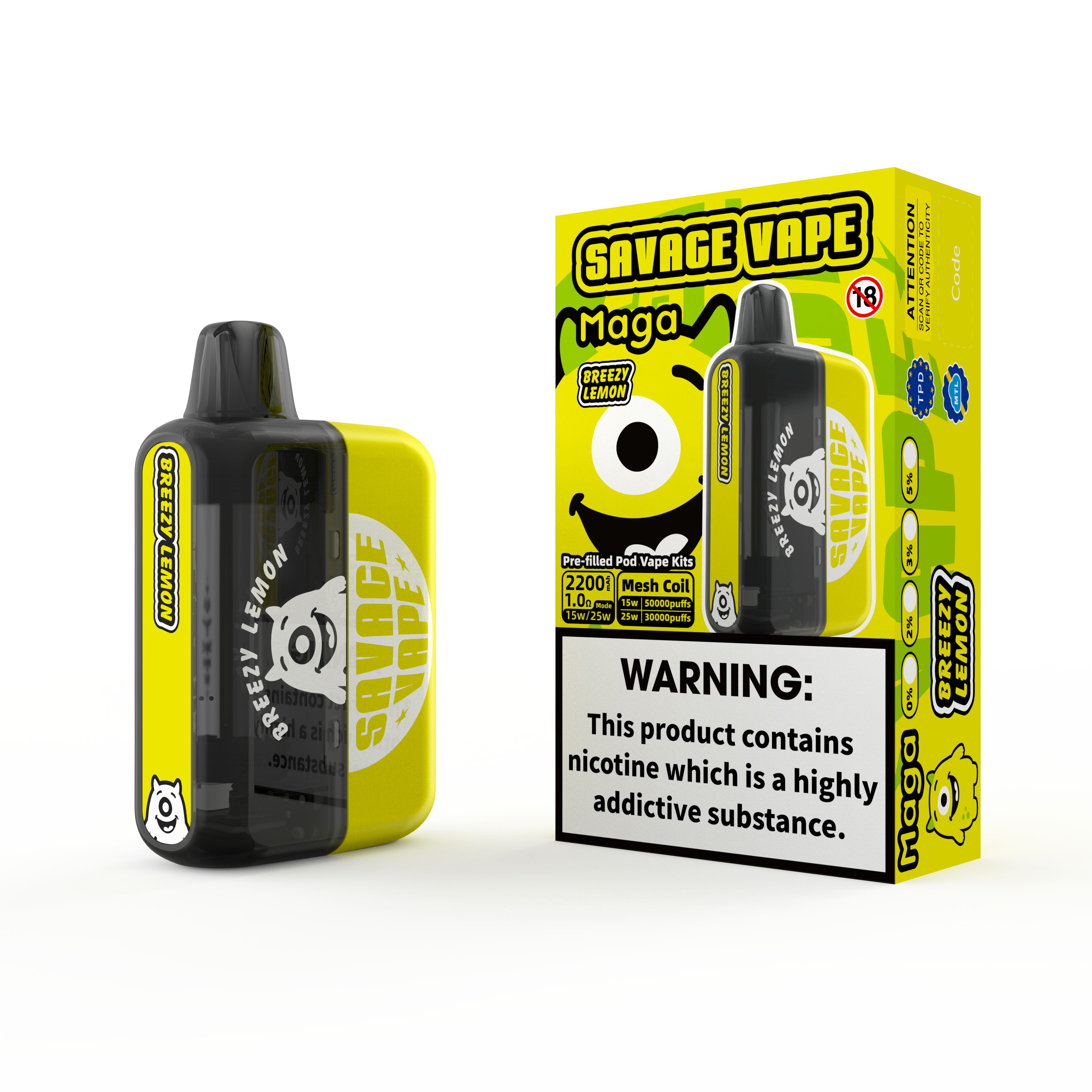 2025 Nuevo diseño UE Warehouse Savage Maga 50000 Puff Puff Kits reemplazables reemplazables Vapor desechable Vapor 50k-Breezy Lemon