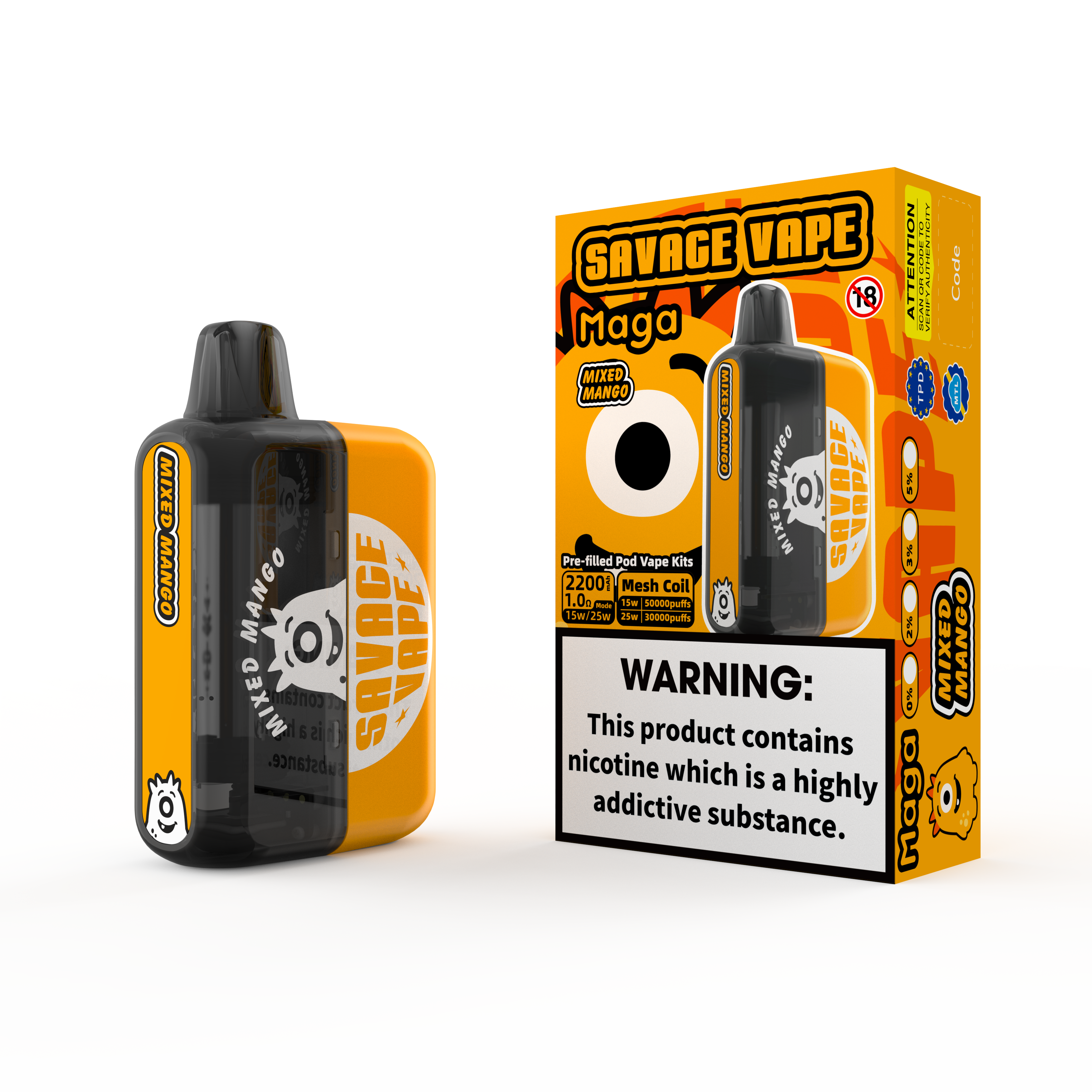 2025 NUEVO diseño UE Warehouse Savage Maga 50000 Puff Puff Kits reemplazables reemplazables Vapor desechable Vapor Mango mezclado con 50k