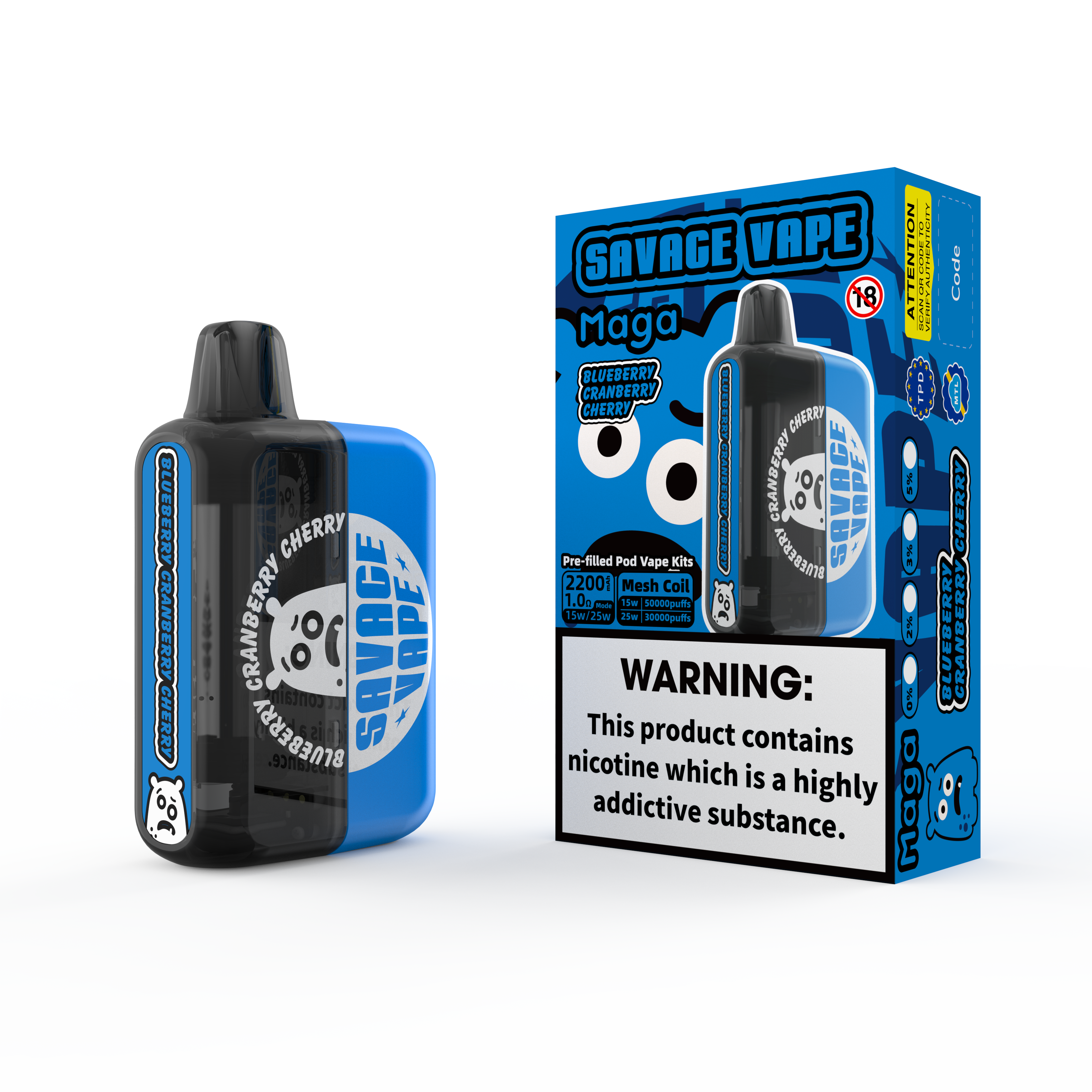 2025 Nuevo diseño UE Warehouse Savage Maga 50000 Puff Puff Kits reemplazables reemplazables Vape Vape 50k Blueberry Cranberry Cherry