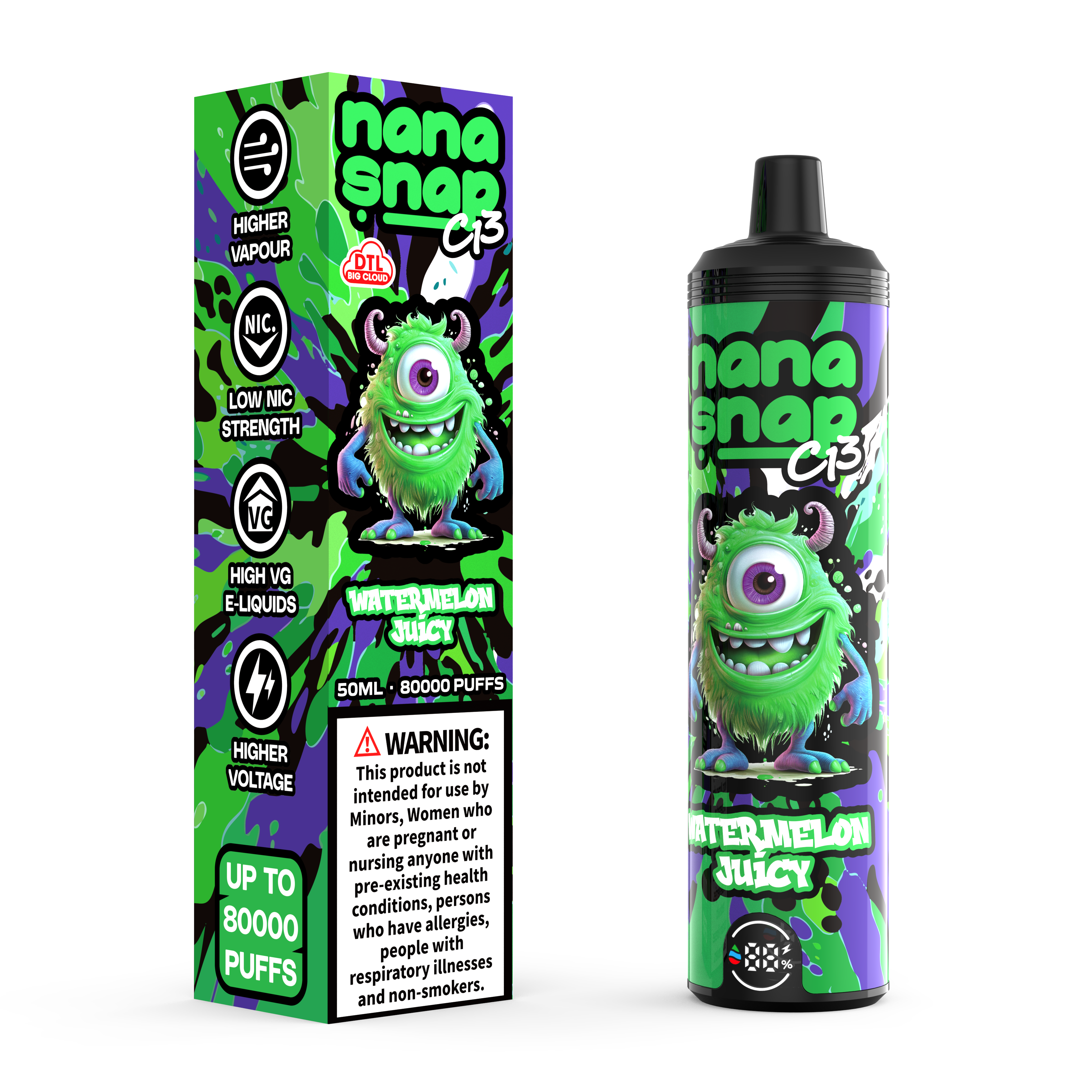Nanasnap de alta calidad C13 80000 Puff 60000 50000 E POLLO DE CIROTA DE CIROTillo Hookah Vaper 50ml E-liquid Dual Mesh Coil Eu Warehouse Vape desechable Vapor 80K 60K 50K-Waternon Juicy